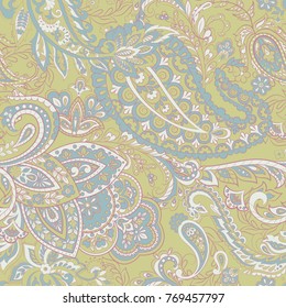 Paisley vector seamless pattern. Fantastic flower, leaves. Batik style painting. Vintage background