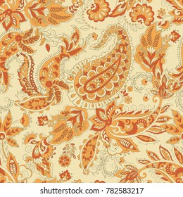 Paisley vector seamless pattern. Fantastic flower, leaves. Textile bohemian print. Batik painting.Vintage