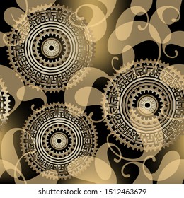 Paisley vector seamless pattern. Greek style ethnic tribal mandalas background. Elegance repeat glowing backdrop. Floral ornament with paisley flowers, round geometric patterned ornaments, shapes.