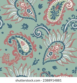 Paisley vintage decoration with blooming flowers, leaves and branches swirls. Blossom and flourishing plants design adornment. Seamless pattern print, background or wallpaper. Vector in flat style