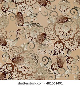 Paisley vintage elegant vector seamless pattern background wallpaper illustration with vintage brown stylish beautiful butterflies on the beige background.