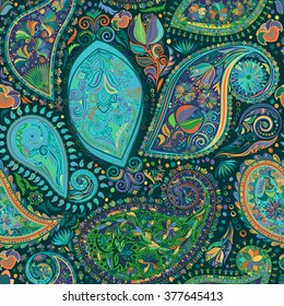 Paisley vintage floral motif ethnic seamless background. Printable colours abstract lace pattern. Ability to edit the colors without losing seamlessly. Hand drawn wallpaper. EPS-8 vector texture.
