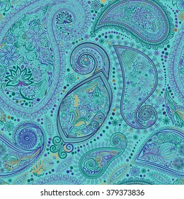Paisley vintage floral motif ethnic seamless background. Printable colors abstract lace pattern. Editable colors without losing seamlessly. Hand drawing motley wallpaper. EPS-8 vector buta texture