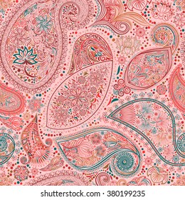 Paisley vintage floral motif ethnic seamless background. Printable colours abstract lace pattern. Editable colors, without losing seamlessly. Hand drawing colorful wallpaper. EPS-8 vector texture.