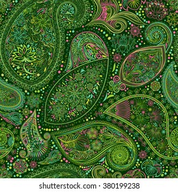 Paisley vintage floral motif ethnic seamless background. Printable colours abstract lace pattern. Editable colors, without losing seamlessly. Hand drawing colorful wallpaper. EPS-8 vector texture.