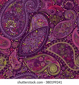 Paisley vintage floral motif ethnic seamless background. Printable colours abstract lace pattern. Editable colors, without losing seamlessly. Hand drawing colorful wallpaper. EPS-8 vector texture.