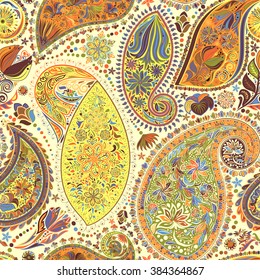 Paisley vintage floral motif ethnic seamless background. Printable colors abstract lace pattern. Editable colors without losing seamlessly. Hand drawing motley wallpaper. EPS-8 vector buta texture
