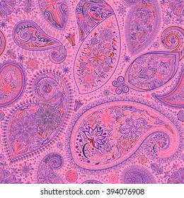 Paisley vintage floral motif ethnic seamless background. Printable colors abstract lace pattern. Editable colors without losing seamlessly. Hand drawing motley wallpaper. EPS-8 vector buta texture