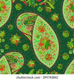Paisley vintage floral motif ethnic seamless background. Abstract lace pattern.Imitation textile factory. Hand drawing colorful wallpaper. EPS-10 vector texture.
