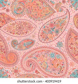 Paisley vintage floral motif ethnic seamless background. Printable colors abstract lace pattern. Editable colors without losing seamlessly. Hand drawing motley wallpaper. EPS-8 vector buta texture