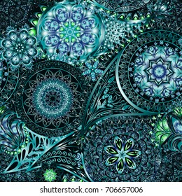 Paisley vintage floral motif ethnic seamless background. Abstract lace pattern. Ability to edit the colors, without losing seamlessly. Hand drawing colorful wallpaper. EPS-8 vector texture.