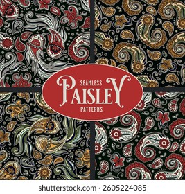 Paisley Vintage Pattern Asian Bg Set Seamless Indian Motif Boho Antique Folk Ethnic Background Collection