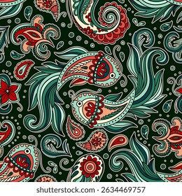Paisley Vintage Pattern Batik Koi Fish Motif Floral Swirls And Ornament Details In A Decorative Indian Vector Boho Style 