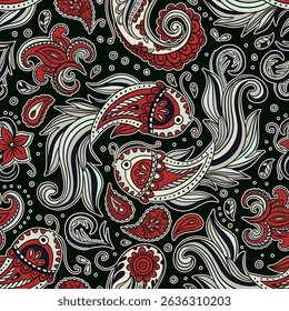 Paisley Vintage Pattern Batik Koi Fish Motif Floral Swirls And Ornament Details In A Decorative Indian Vector Boho Style 