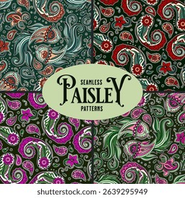 Paisley Vintage Pattern Set Batik Koi Fish Motif Floral Swirls And Ornament Details In A Decorative Indian Vector Boho Style 