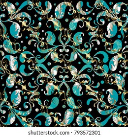 Paisley vintage vector seamless pattern. Floral black background with turquoise  paisley flowers, polka dots, swirl leaves, curves, line art tracery oriental ornaments. Design for wallpaper, fabric