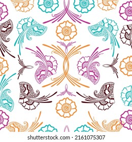 Paisley watercolor floral pattern tile: flowers, flores, tulips, leaves. Vector sketch illustration, hand drawn style.