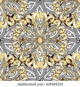 Paisleys elegant floral vector pattern background wallpaper illustration with vintage stylish beautiful modern 3d line art gold and brown paisley flowers leaves and ornaments.