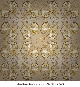 Paisleys elegant floral vector seamless pattern background wallpaper illustration with vintage stylish beautiful modern 3d line art gold and beige and neutral paisley flowers leaves and ornaments.