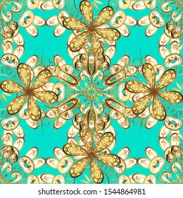 Paisleys elegant floral vector seamless pattern background wallpaper illustration with vintage stylish beautiful modern 3d line art gold and yellow and blue paisley flowers leaves and ornaments.