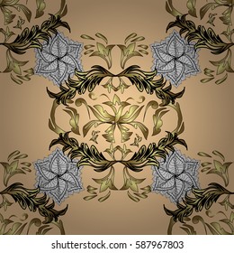 Paisleys elegant floral vector seamless pattern background wallpaper illustration with vintage stylish beautiful modern 3d line art gold and beige paisley flowers, doodles, leaves and ornaments.