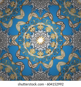 Paisleys elegant floral vector seamless pattern background wallpaper illustration with vintage stylish beautiful modern 3d line art gold and blue paisley flowers, doodles, leaves and ornaments.