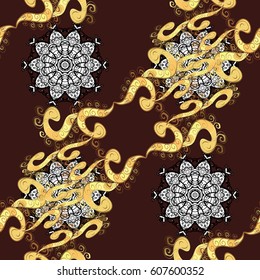 Paisleys elegant floral vector seamless pattern background wallpaper illustration with vintage stylish beautiful modern 3d line art gold and brown paisley flowers, doodles, leaves and ornaments.