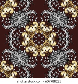 Paisleys elegant floral vector seamless pattern background wallpaper illustration with vintage stylish beautiful modern 3d line art gold and brown paisley flowers, doodles, leaves and ornaments.