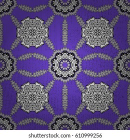 Paisleys elegant floral vector seamless pattern background wallpaper illustration with vintage stylish beautiful modern 3d line art gold and violet paisley flowers, doodles, leaves and ornaments.