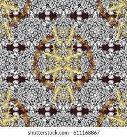 Paisleys elegant floral vector seamless pattern background wallpaper illustration with vintage stylish beautiful modern 3d line art gold and brown paisley flowers, doodles, leaves and ornaments.