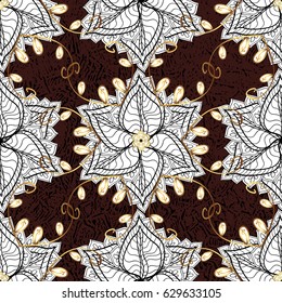 Paisleys elegant floral vector seamless pattern background wallpaper illustration with vintage stylish beautiful modern 3d line art gold and brown paisley flowers, doodles, leaves and ornaments.