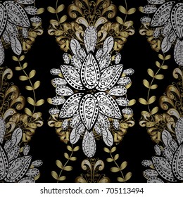 Paisleys elegant floral vector seamless pattern background wallpaper illustration with vintage stylish beautiful modern 3d line art gold and paisley flowers, doodles, leaves and ornaments.