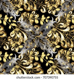 Paisleys elegant floral vector seamless pattern background wallpaper illustration with vintage stylish beautiful modern 3d line art gold and black paisley flowers, doodles, leaves and ornaments.