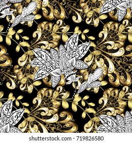 Paisleys elegant floral vector seamless pattern background wallpaper illustration with vintage stylish beautiful modern 3d line gold, black, white, brown paisley flowers, doodles, leaves, ornaments.