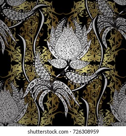 Paisleys elegant floral vector seamless pattern background wallpaper illustration with vintage stylish beautiful modern 3d line art gold and black, white and gray paisley flowers, doodles, leaves.