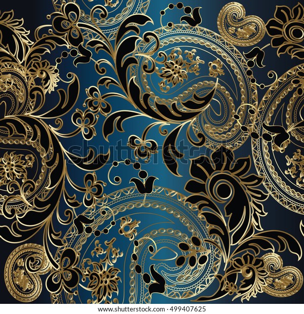 ペイズリー花柄のエレガントなベクター画像のシームレスなパターンの背景に壁紙イラスト ビンテージのスタイリッシュな美しい 3d金と黒のペイズリーの花の葉と青の背景に飾り のベクター画像素材 ロイヤリティフリー