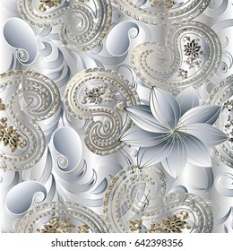 Paisleys floral royal elegant vector seamless pattern. Light background wallpaper illustration with vintage stylish beautiful modern 3d white gold  paisley flowers, swirl leaves and ornaments 