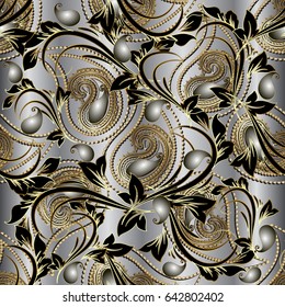Paisleys floral royal elegant vector seamless pattern. Silver  background wallpaper illustration with vintage stylish beautiful modern 3d  gold black paisley flowers, swirl leaves and ornaments 