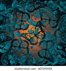 Paisleys floral shiny vector seamless pattern background wallpaper illustration with vintage stylish beautiful modern 3d flying butterflies, paisley flowers, leaves and antique surface  ornaments 