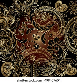 Paisleys luxury floral vector seamless pattern background wallpaper illustration with vintage stylish beautiful modern 3d gold and black paisley flowers leaves and ornaments on the dark  background.
