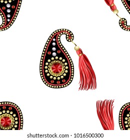 paisleys patches  seamless pattern with sequins, beads and fringe