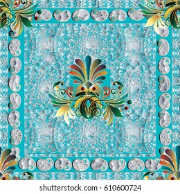 Paisleys pattern border background illustration with 3d paisley flowers, leaves and floral ornaments. Vector surface texture with shadows and highlights for fabric, textile.