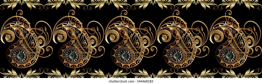 Paisleys seamless border. Luxury ornate floral pattern background wallpaper illustration with gold 3d paisley flowers, leaves and vintage ornaments. Elegant endless fabric texture.