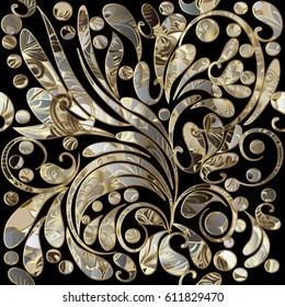 Paisleys seamless pattern with 3d gold flowers. Floral vector luxury background wallpaper illustration with vintage flowery hand drawn ornaments, paisley flowers, swirl  leaves and gold outline.