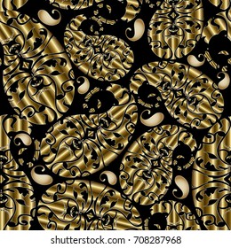 Paisleys seamless pattern. Abstract black floral background wallpaper. Vintage ornaments with gold 3d ornamental paisley flowers.  Vector repeat luxury 3d texture for cloth, fabric, textile, prints