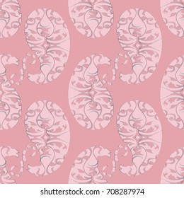 Paisleys seamless pattern. Abstract pink floral background wallpaper. Vintage ornaments with 3d ornamental paisley flowers.  Vector repeat elegance monochrome texture for cloth, fabric, textile, print