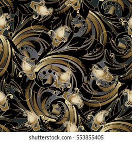 Paisleys seamless pattern background wallpaper illustration with 3d paisley flowers, decorative elegance  leaves and rich elegant gold and black ornaments in antique style.