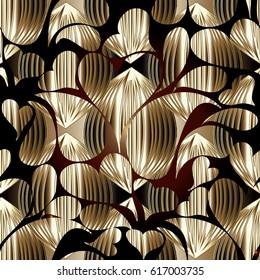 Paisleys seamless pattern background wallpaper illustration with 3d gold striped radial  paisley flowers, leaves, love hearts and abstract modern 3d ornaments.Vector surface texture for fabric, prints