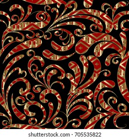 Paisleys seamless pattern. Black floral background wallpaper illustration with hand drawn red gold ornamental paisley flowers, leaves, elegance flourish ornaments. Vector endless luxury texture 
