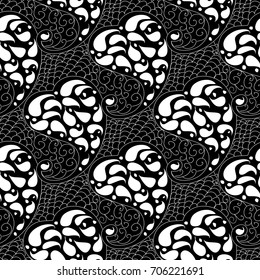 Paisleys seamless pattern. Black repeating floral background wallpaper illustration with vintage hand drawn white line art tracery ornamental paisley flowers and swirl lace ornaments. Vector  texture